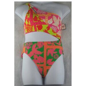 Bar III Women's One-Shoulder Cut-Out One-Piece Swimsuit, Multi Graphic, Large